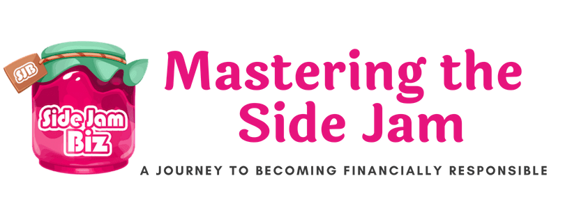 Mastering the side jam: a journey to becoming financially responsible" flanked by an illustration of a jar with "side jam biz" label, combining the concepts of side hustles and financial savvy.