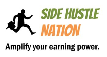 An energetic figure in motion representing entrepreneurial spirit, alongside the text 'side hustle nation - amplify your earning power.'.