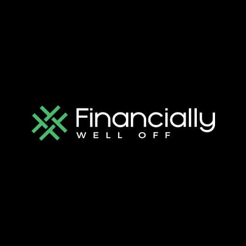 A sleek black background with the text "financially well off" in white, accompanied by a distinctive green hashtag symbol intertwined with a plus sign, likely representing growth or positive financial status.