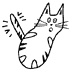 A simple line drawing of a white cat with spots, featuring a surprised expression and its tail standing upright.