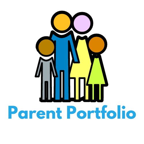Colorful representation of a family unit with the text 'parent portfolio' below, symbolizing a family-oriented service or program.