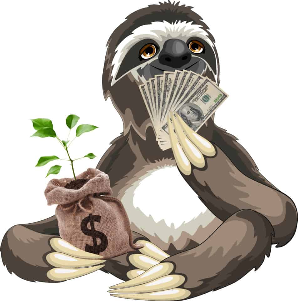 A cartoon sloth sitting down, happily holding a money bag and a fan of cash in one hand, with a sprout of green leaves growing out of the bag, symbolizing financial growth or investment success.