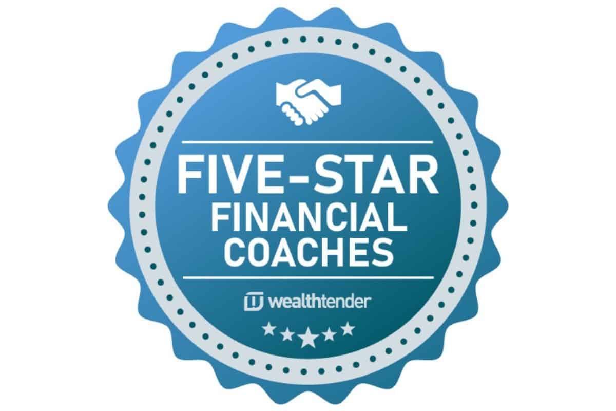 Blue and white seal with the text "five-star financial coaches" and a handshake graphic, indicating a high-quality endorsement from wealthtender.