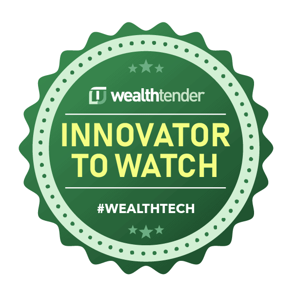 Seal of recognition with the wealthtender 'innovator to watch' title on a green background highlighting achievement in #wealthtech.