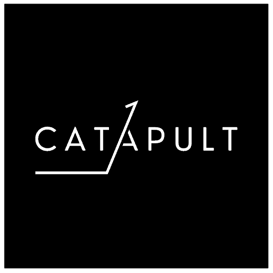 Logo of catapult featuring a stylized letter 'a' resembling a launching device, conveying a sense of upward momentum and strength, set against a black background.
