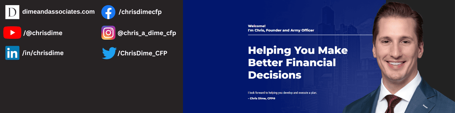 A professional banner image featuring a smiling man in a suit, with accompanying text that introduces him as chris, founder and army officer, along with a tagline 