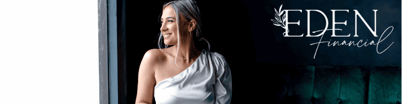 A smiling woman in elegant attire next to the logo for 