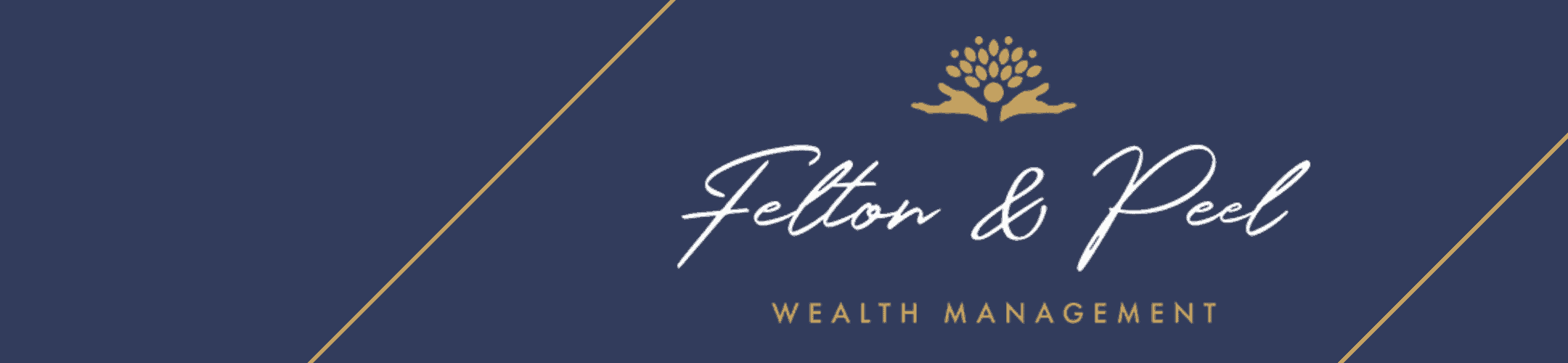 Elegant and sophisticated navy blue banner with gold accents showcasing the 'felton & peel wealth management' brand.