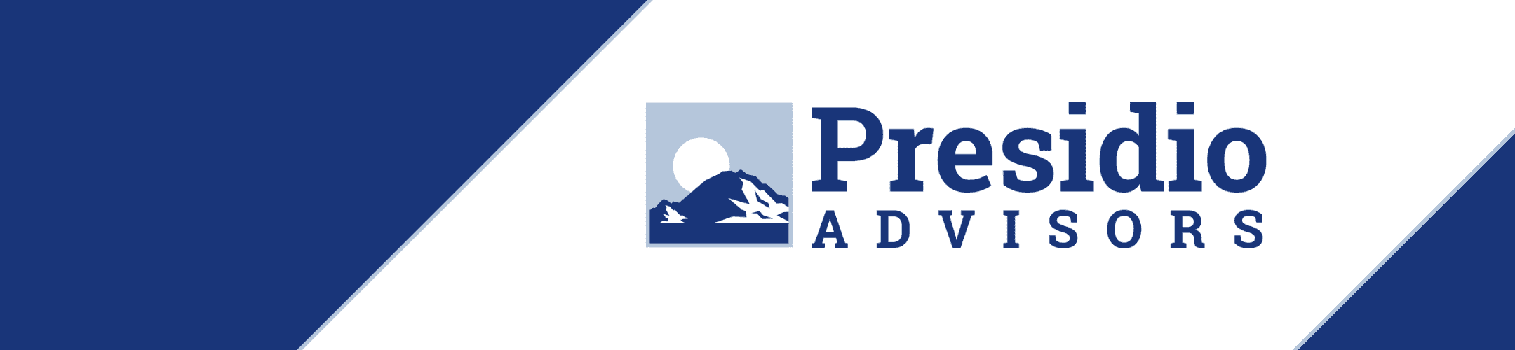 Logo for Presidio Advisors featuring a blue and white color scheme. On the left, a square graphic depicts a mountain with a sun behind it. The text 