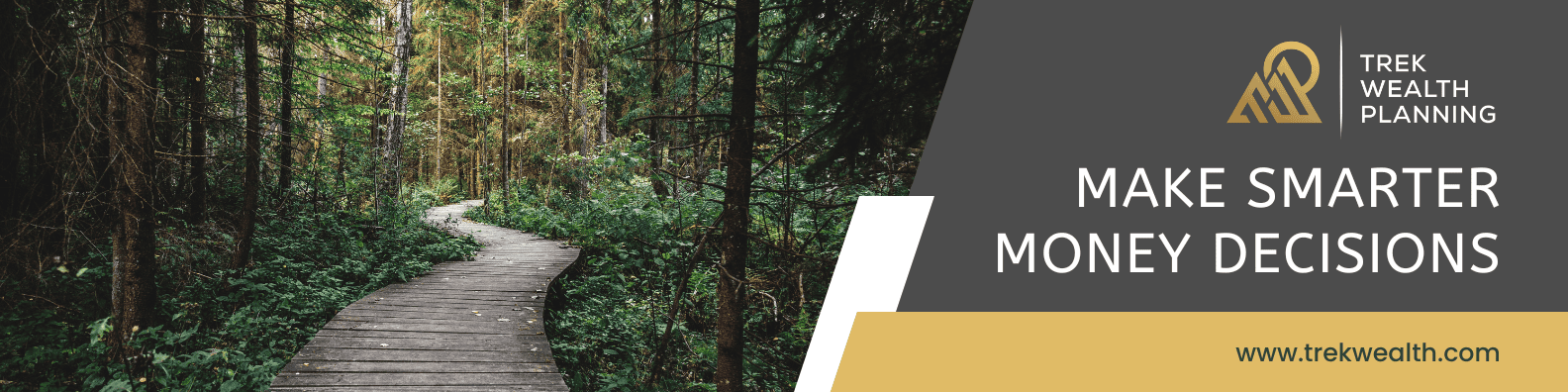 A wooden boardwalk winds through a dense forest. To the right, the text 