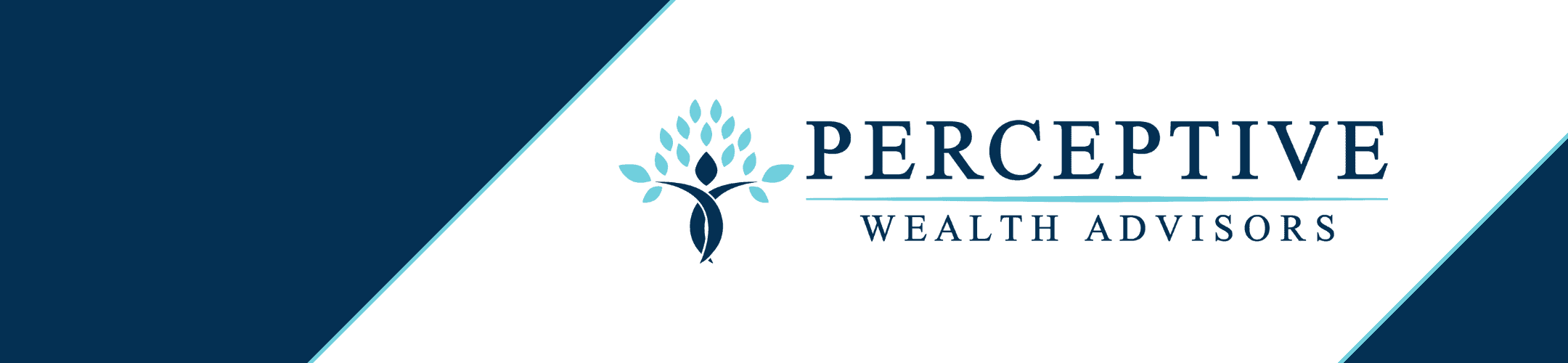 A logo for Perceptive Wealth Advisors is displayed on a background with diagonal navy and white sections. The logo features a stylized tree with aqua leaves and a dark trunk, accompanied by text reading 