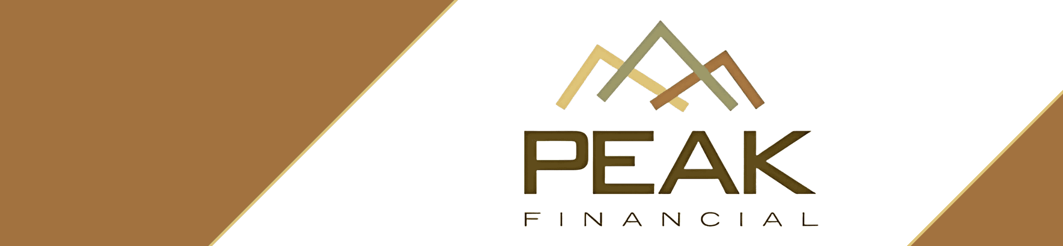 Logo for Peak Financial. The design features stylized, triangular mountain peaks in shades of gold above the word 