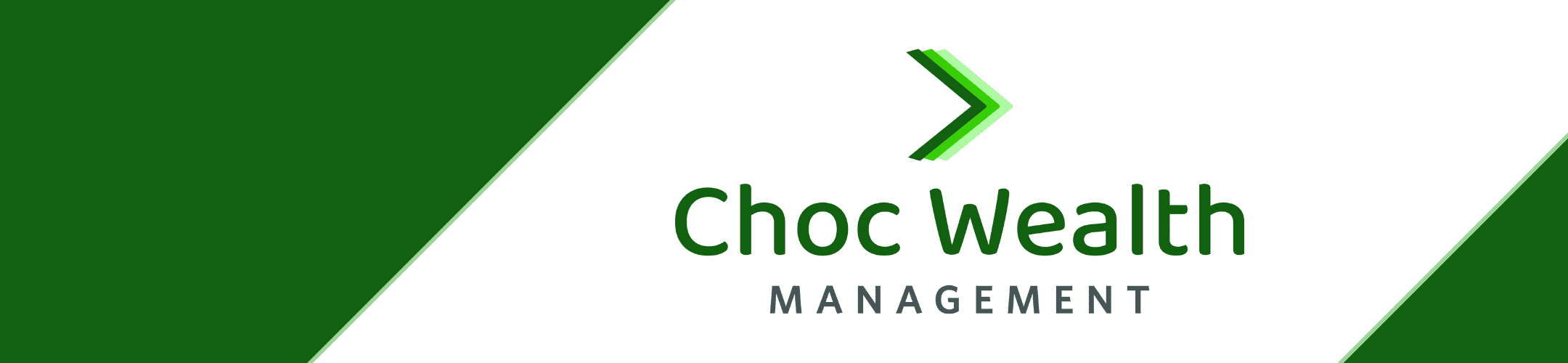 Logo for Choc Wealth Management featuring green diagonal sections, a stylized green arrow above the company name in green and gray text, on a white background.