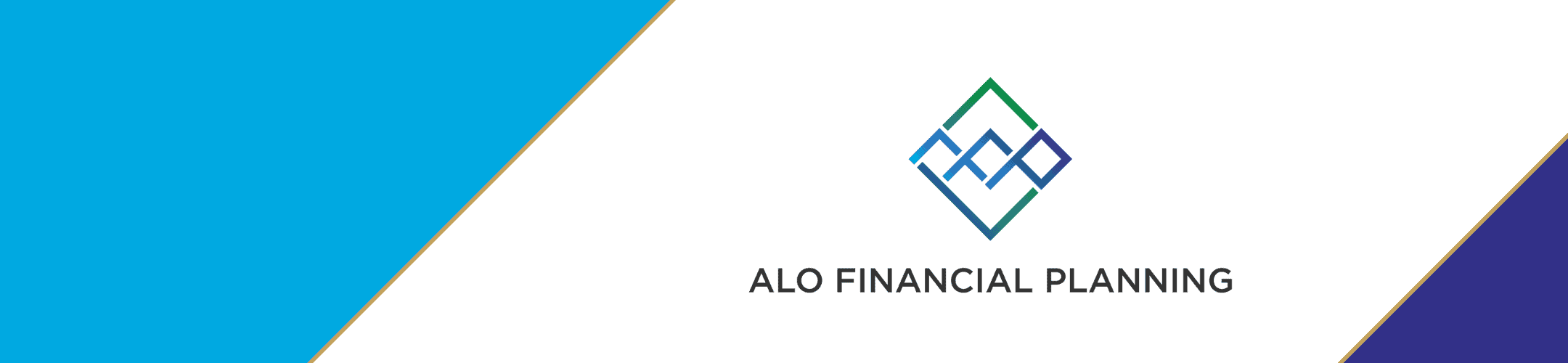 Logo of ALO Financial Planning, featuring a geometric design with blue and green overlapping lines forming a diamond shape. The logo is centered on a white background, with blue and purple sections on the sides.