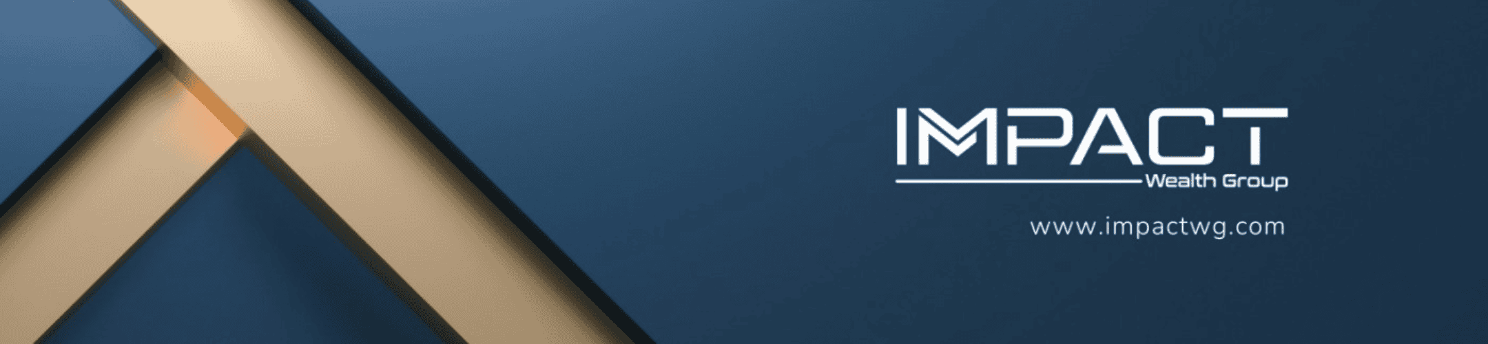 Abstract geometric design with layered blue and gold shapes on the left. The words 