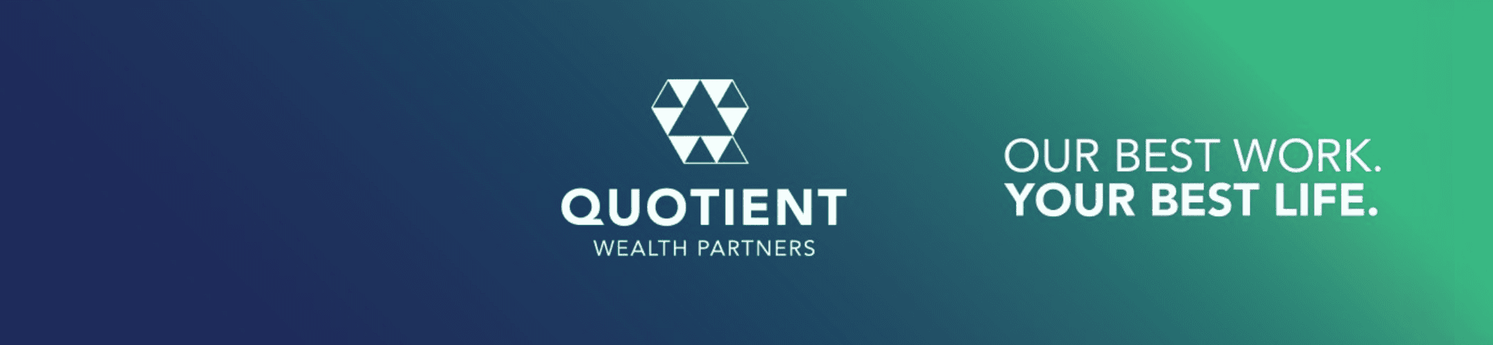 Gradient background transitioning from dark blue to green. On the left, a geometric logo and text: 