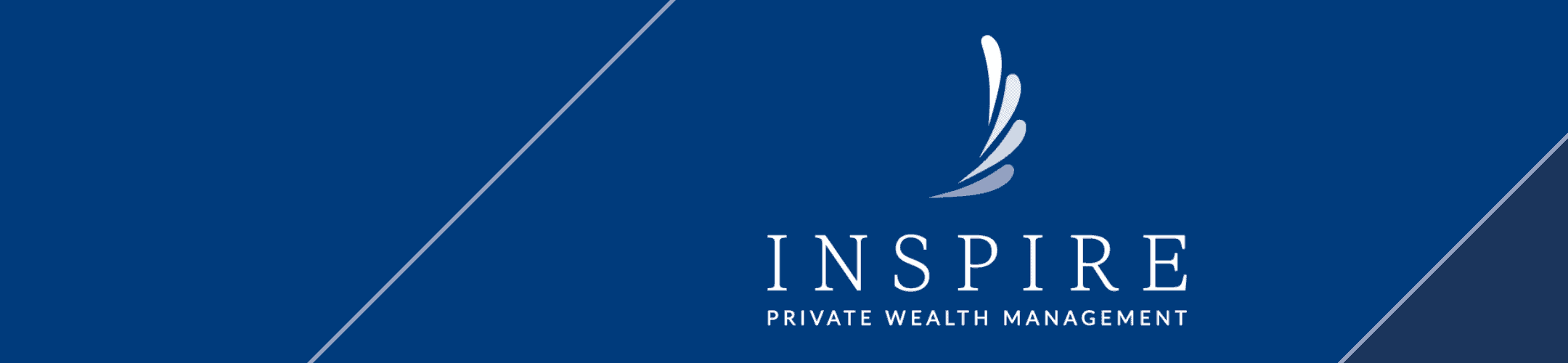 Blue banner with diagonal lines, a stylized feather or wing graphic above the word 