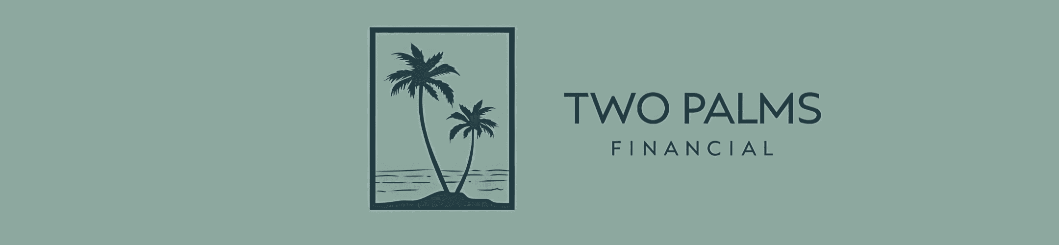 Logo for Two Palms Financial featuring two palm trees on an island with water and sun in the background, next to the company name on a light blue-green background.