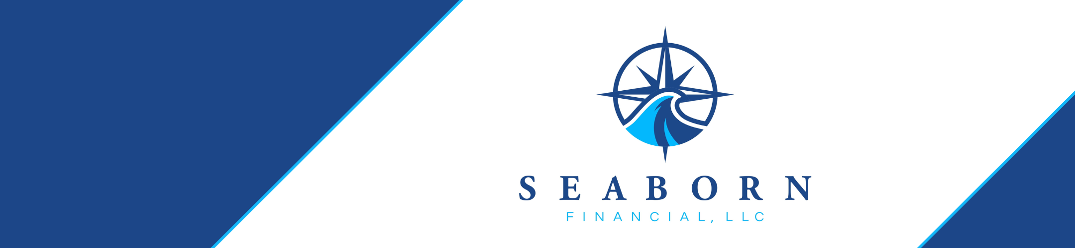 Logo for Seaborn Financial, LLC, featuring a compass design with a wave inside, set against a blue and white background with diagonal blue and white sections. The company name is written below the logo.