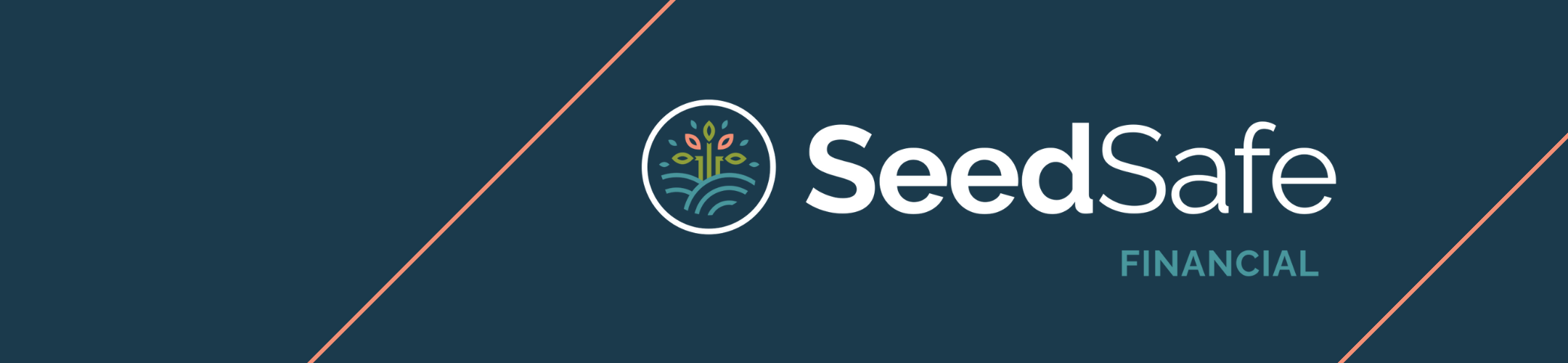 SeedSafe Financial logo on a dark blue background with thin diagonal lines and a circular icon featuring a stylized plant with colorful leaves.