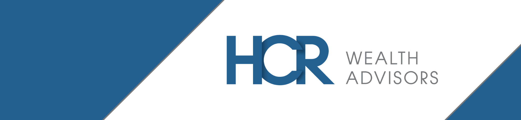 HCR Wealth Advisors logo with blue and white diagonal stripes; 
