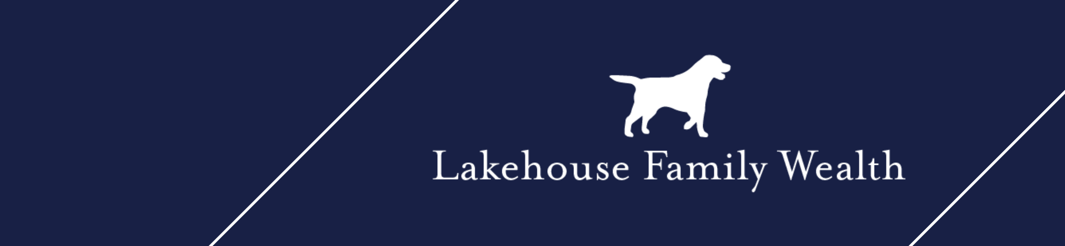 Navy blue banner with a white silhouette of a dog centered above the text 