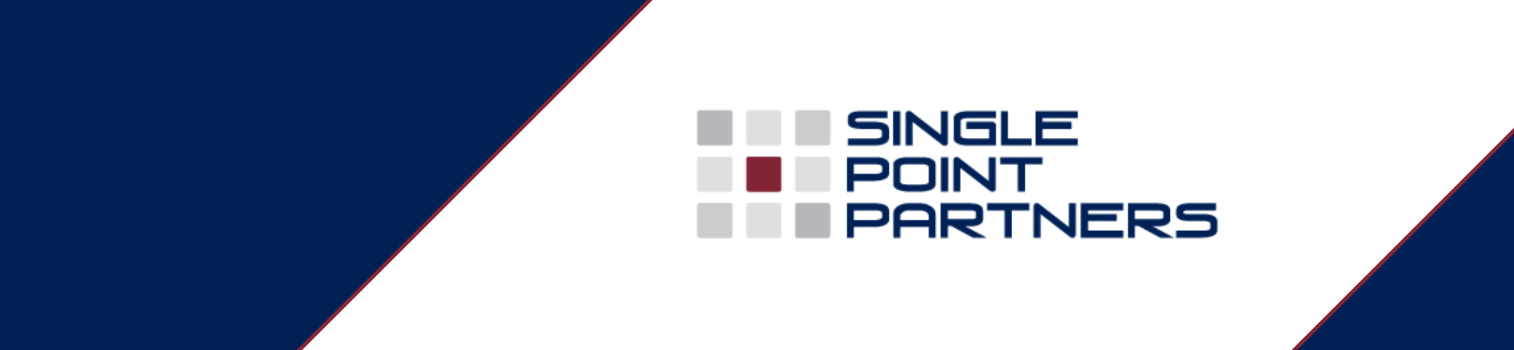 Logo for Single Point Partners featuring four gray squares and one red square arranged in a grid, with the company name in blue text to the right, all on a diagonal white and navy blue background.