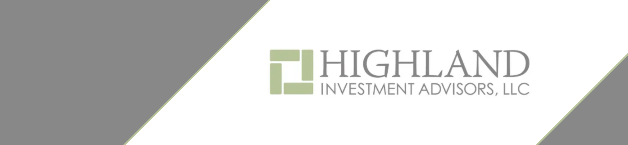 Logo for Highland Investment Advisors, LLC, featuring a green square icon with geometric shapes to the left of the company name in gray text, set on a background with diagonal gray and white sections.