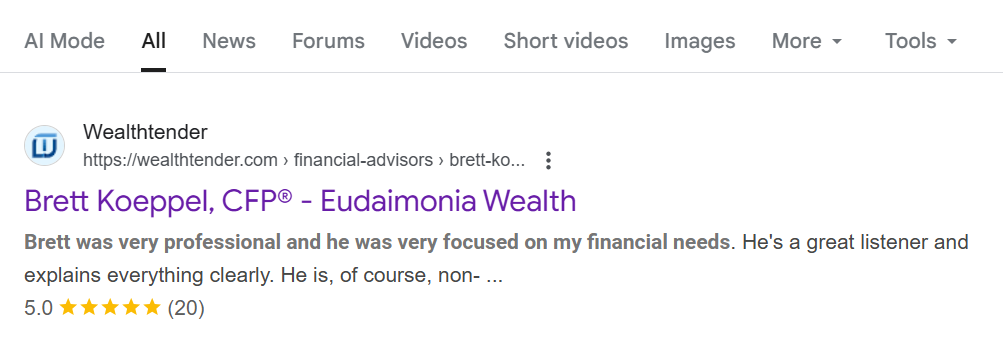 Google search result for "Brett Koeppel, CFP® – Eudaimonia Wealth" showing a 5-star rating from 20 reviews and a snippet praising his professionalism, listening skills, and clarity in financial advice.