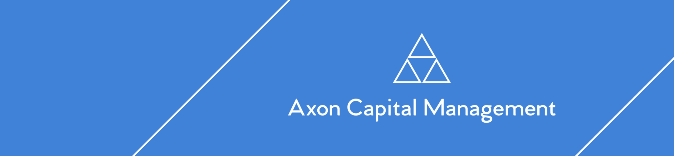 Blue background with white diagonal lines, a geometric triangular logo, and the text 