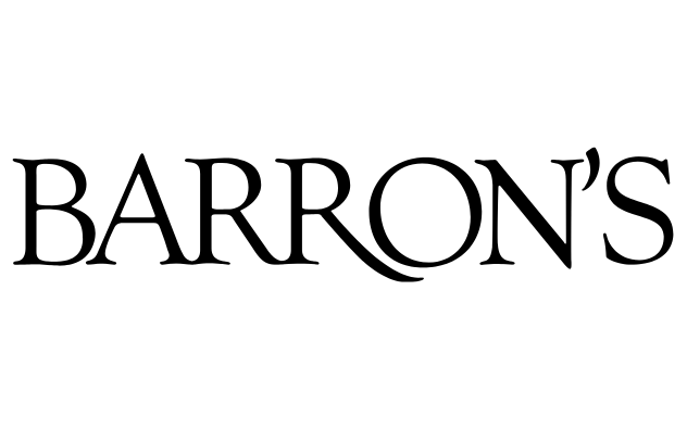 Black text logo that reads "BARRON'S" in uppercase serif font, with a stylized curved leg on the letter "R," on a light gray background.