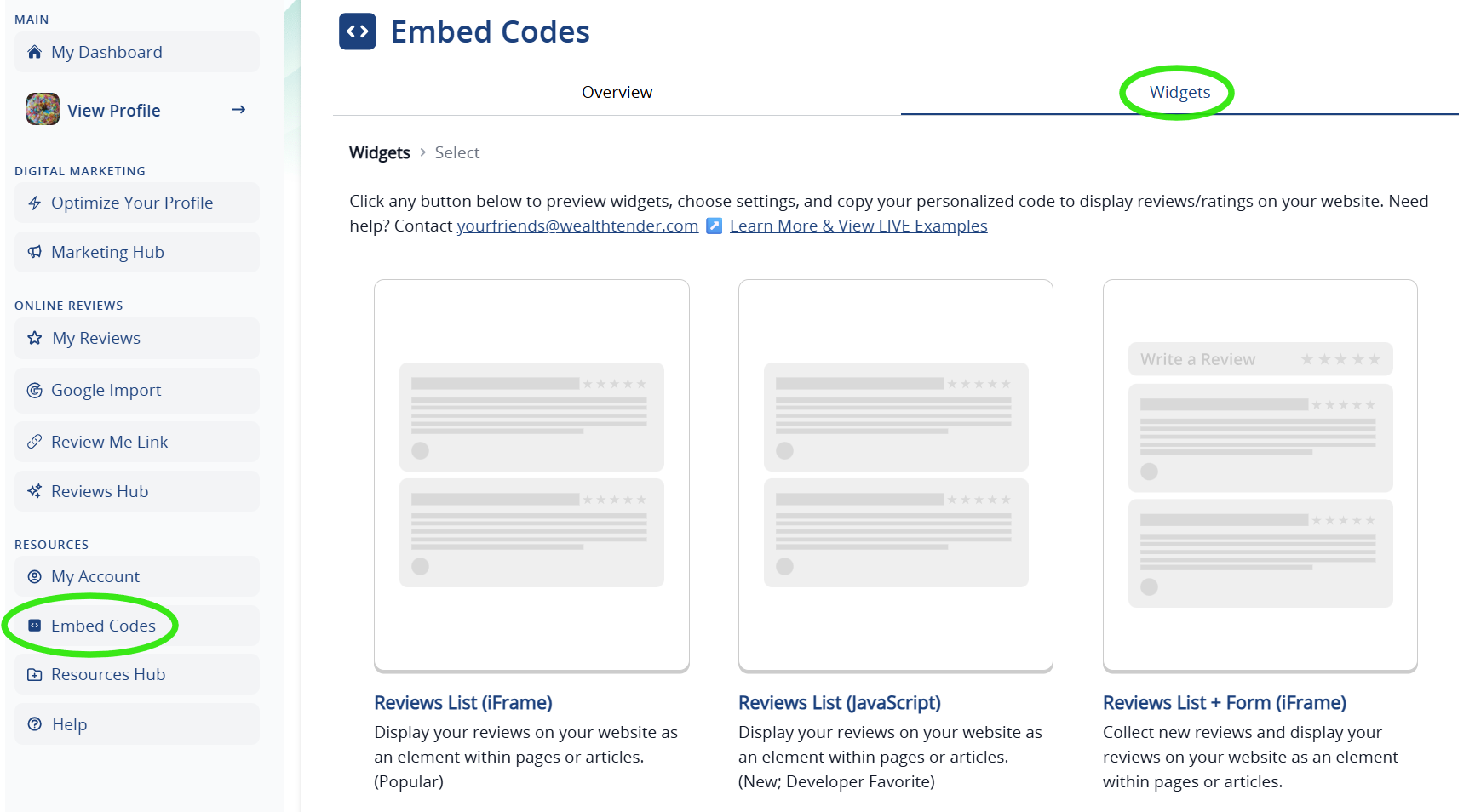 Screenshot of a dashboard page showing the "Embed Codes" section. Three greyed-out widget previews are displayed, with "Widgets" and "Embed Codes" highlighted in green for emphasis.