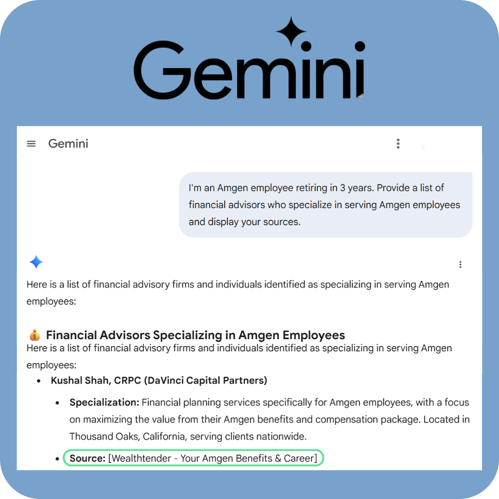 Screenshot of a Gemini AI search for financial advisors for Amgen employees. The result lists Kushal Shah as a specialist and cites "Wealthtender - Your Amgen Benefits & Career" as the source. The Gemini logo appears at the top.
