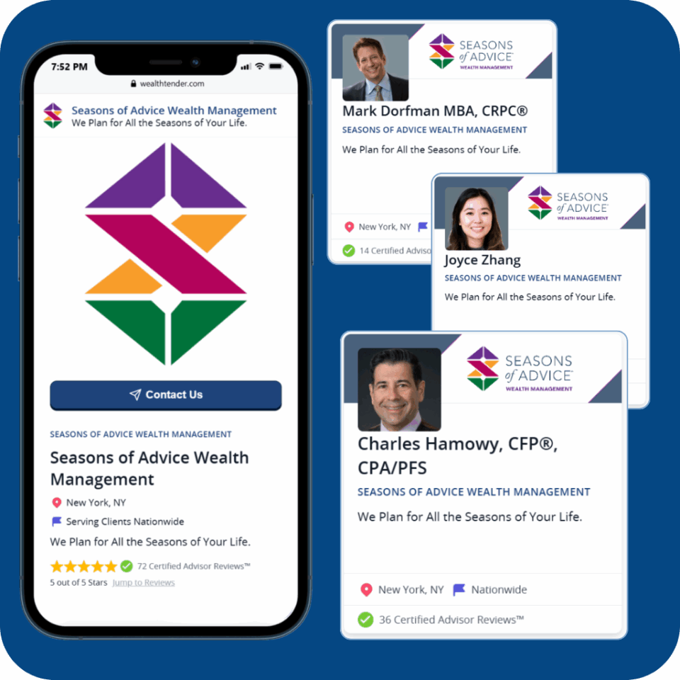A mobile phone and three profile cards display Seasons of Advice Wealth Management’s logo, contact button, and advisor profiles for Mark Dorfman, Joyce Zhang, and Charles Hamowy, with locations and credentials shown.