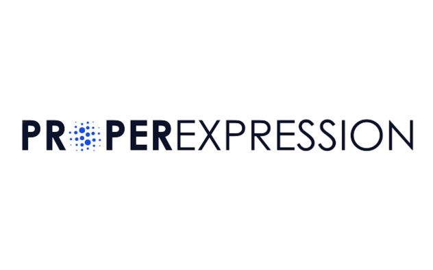 The image displays the text "PROPEREXPRESSION" in uppercase letters, with the "O" in "PROPER" replaced by a blue, dotted circular pattern. The text is centered on a light background.