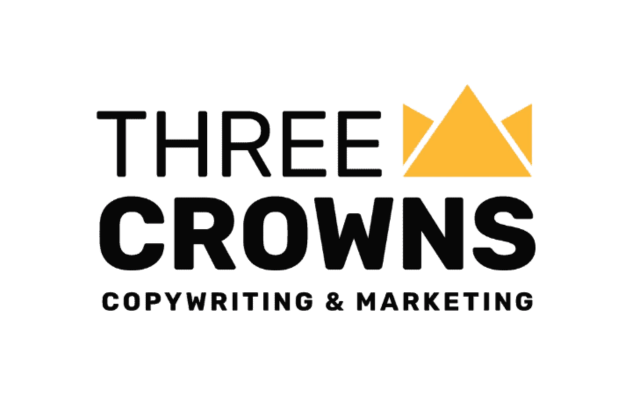 Logo for "Three Crowns Copywriting & Marketing" with the word "CROWNS" in bold and a simple yellow crown graphic above the word "CROWNS" on a light background.