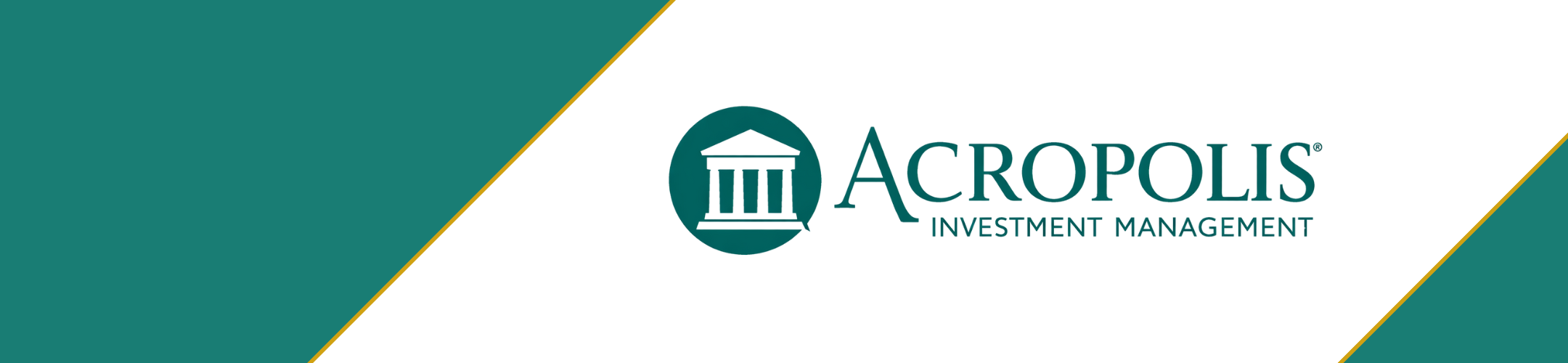 Acropolis Investment Management logo with a white background, teal diagonal borders, and an icon of a classical building next to the company name.