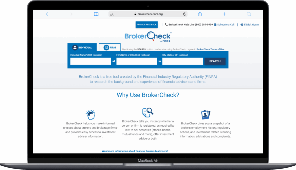 A MacBook Air screen displays the FINRA BrokerCheck website, showing search fields for brokers and firms, with information about BrokerCheck's purpose and benefits below the search bar.