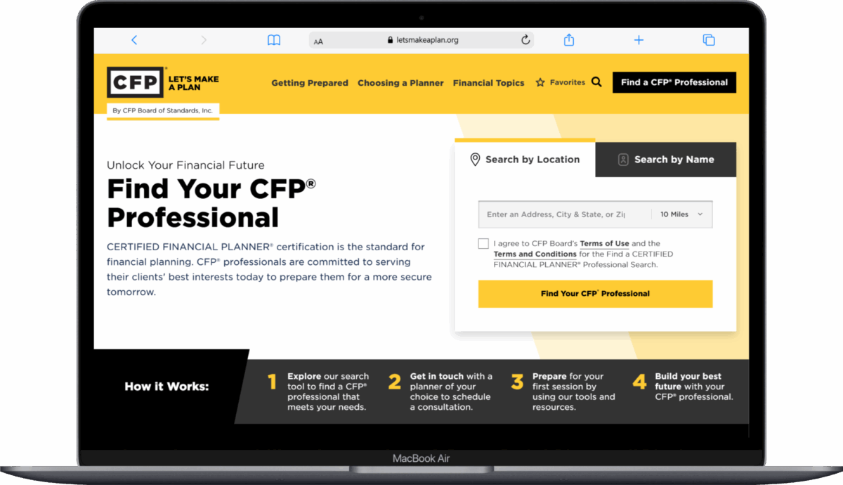 A laptop screen displays the CFP Board website with a search tool to find a CFP professional by location. The page includes instructions and yellow accents, with a heading: “Find Your CFP Professional.”.
