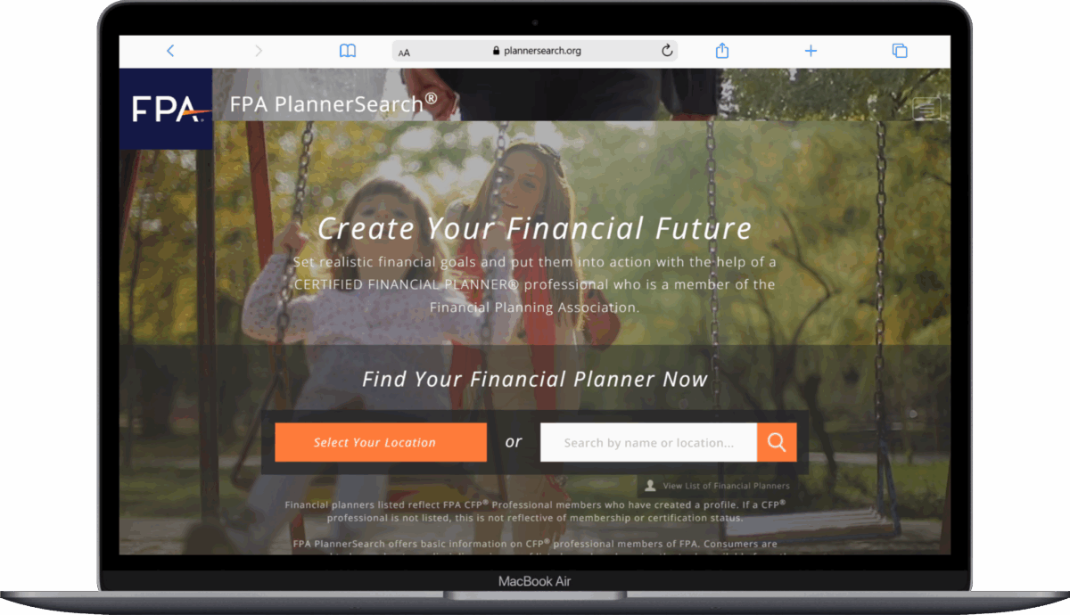 A laptop screen displays the FPA PlannerSearch website, showing a woman and child on swings in a park, with text inviting users to find a certified financial planner and a search bar for location or name.