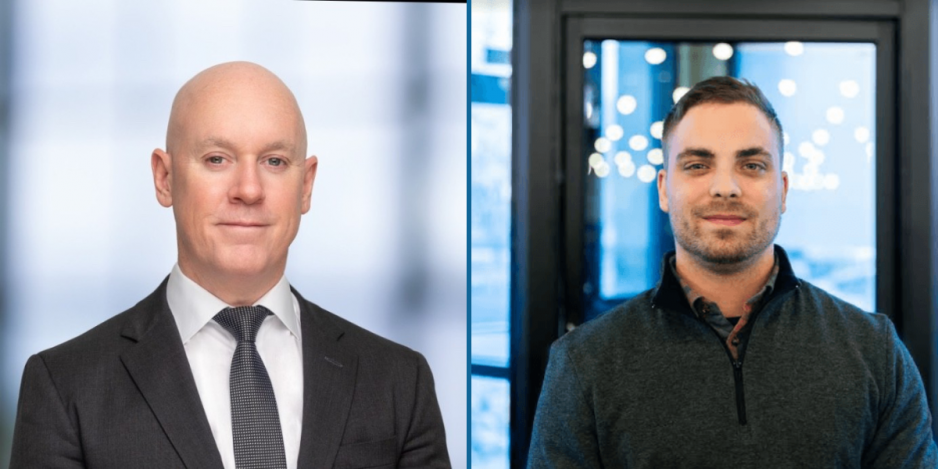 Two men are pictured side by side. The man on the left is bald, wearing a suit and tie, and is against a light, blurred background. The man on the right has short hair, wears a dark sweater, and stands before a window with lights behind him.