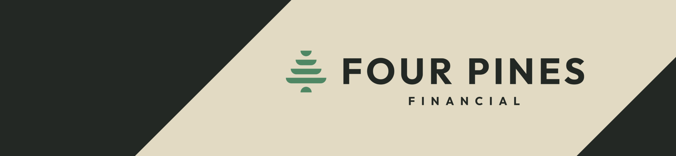 A minimalist logo for Four Pines Financial features a green abstract pine tree icon and bold black text on a background with diagonal black and cream-colored sections.