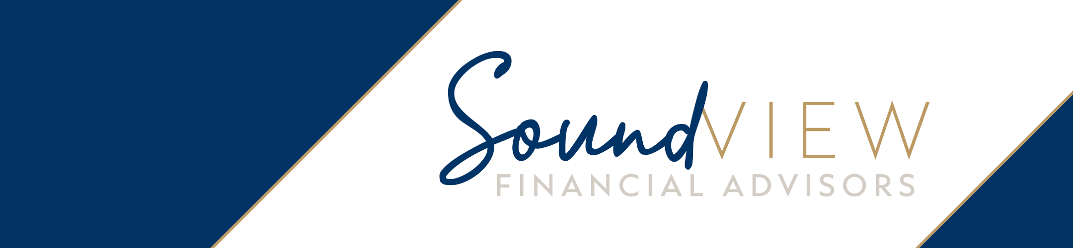 Logo for Sound View Financial Advisors on a white and dark blue background with diagonal gold edges. 