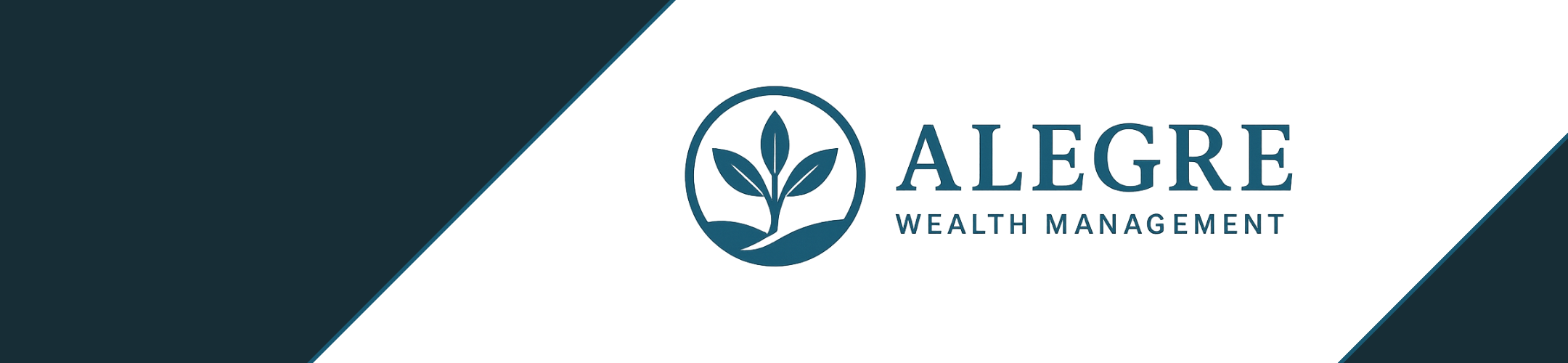 Logo for Alegre Wealth Management featuring a stylized plant inside a circle, with the company name written beside it on a modern blue and white background.