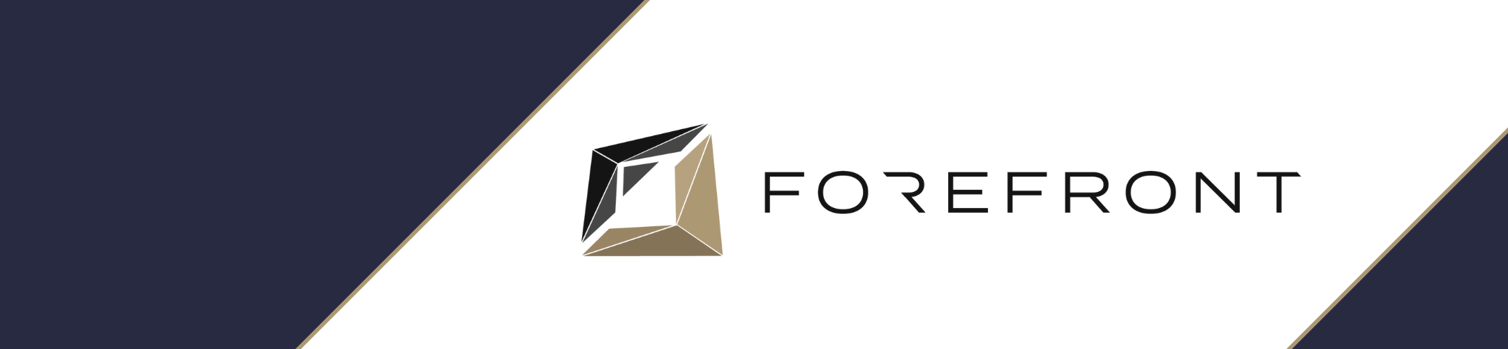 A geometric logo with black, gray, and gold shapes next to the word 