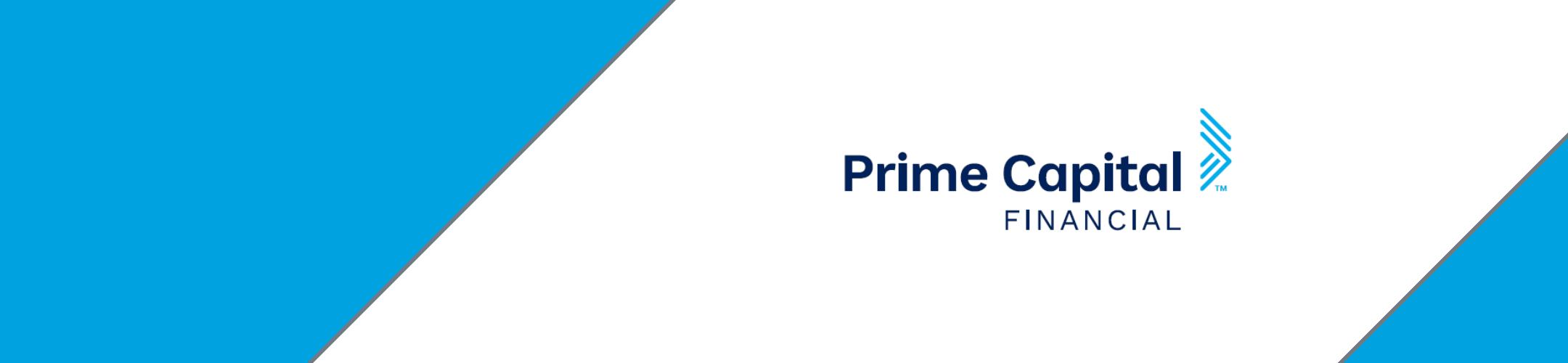 Prime Capital Financial logo on a white background, bordered by two blue diagonal sections on the left and right sides.