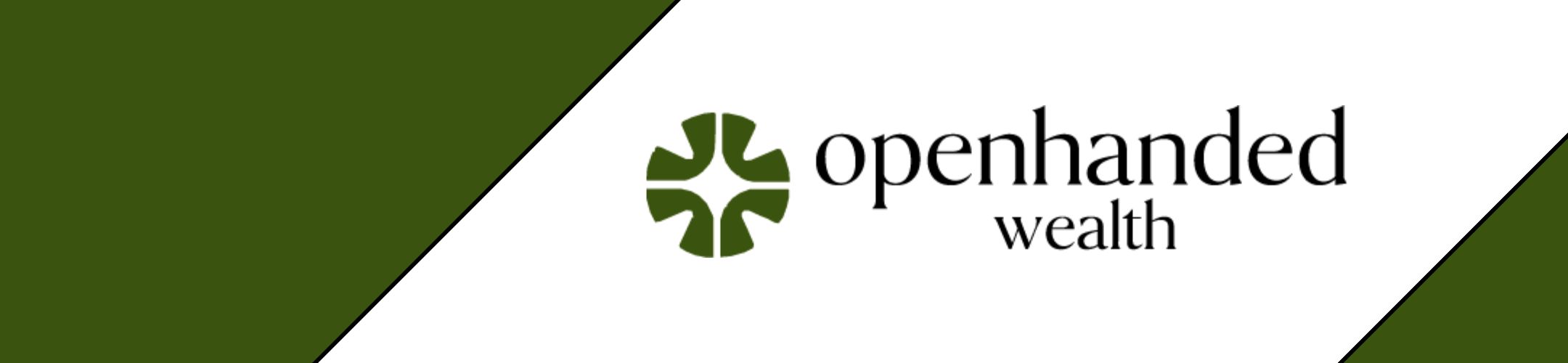 Logo for Openhanded Wealth featuring a green geometric symbol on a white background with green diagonal borders. The words 