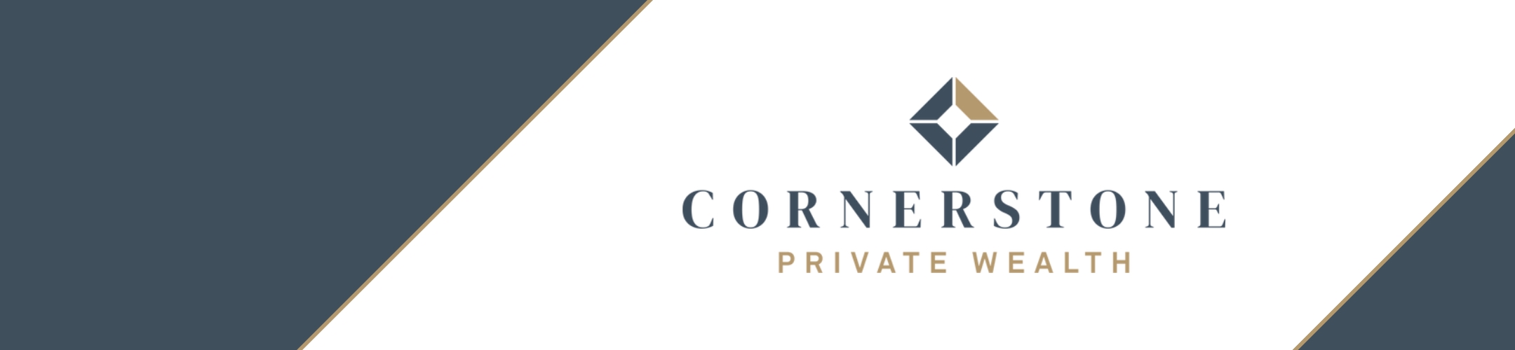 Cornerstone Private Wealth logo with a geometric diamond icon above the company name. The design uses dark blue, white, and gold colors with diagonal color blocks on the left and right edges.