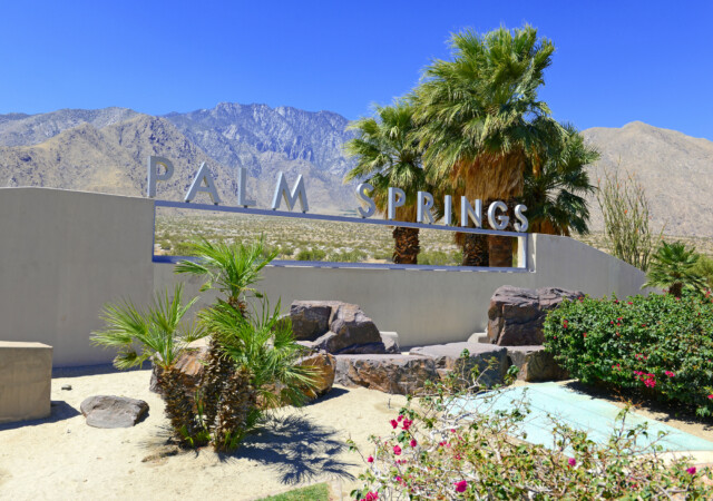 A modern sign reading "Palm Springs" sits among palm trees and desert landscaping, with rocky mountains and a clear blue sky in the background.