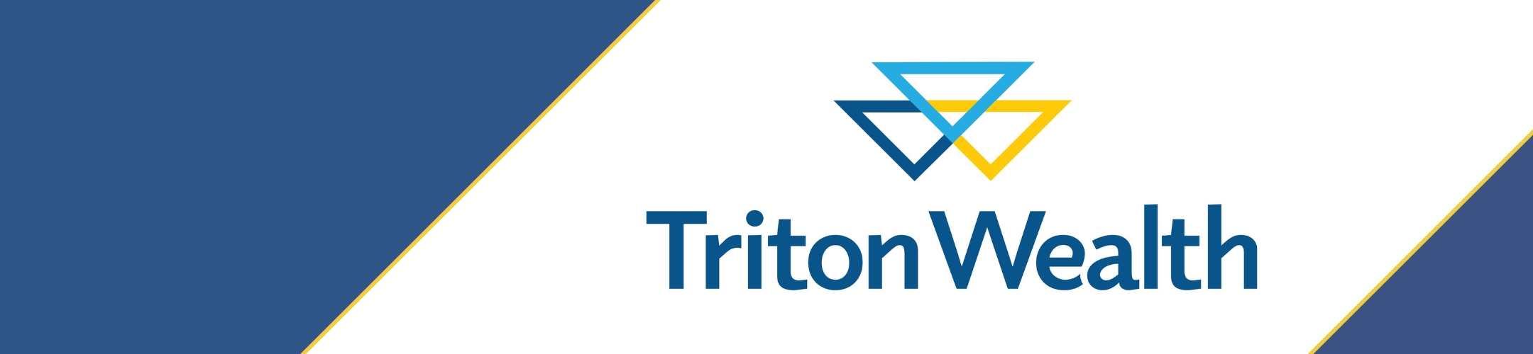 Logo for Triton Wealth featuring three interlocking triangles in blue and yellow above the company name, with a blue and white geometric background.